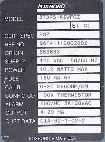 Foxboro Resistivity Analyser 873RS-AIWFGZ - Advance Operations