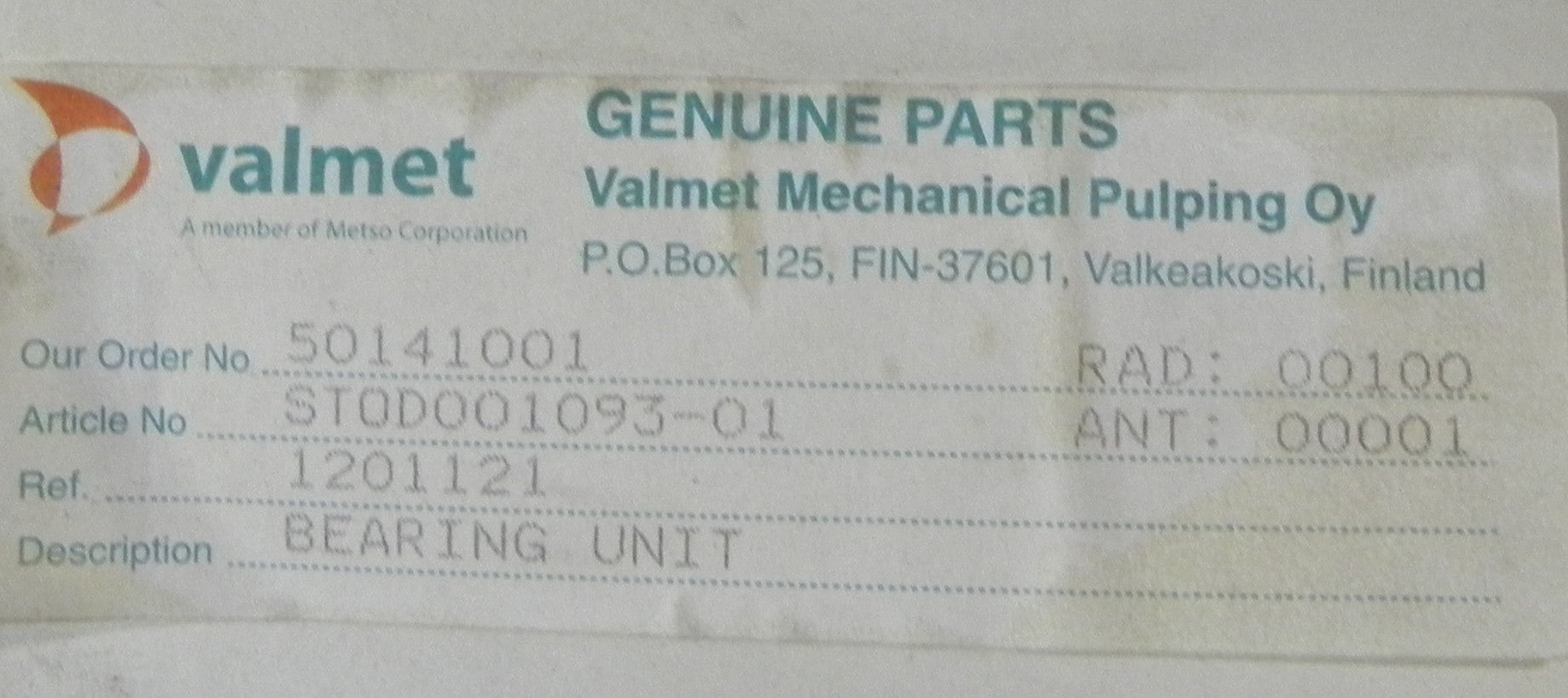 Valmet Pulping  Bearing Shaft & Housing STOD001093-01 STO1013049MN GRP500 - Advance Operations