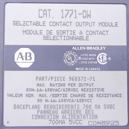 Allen-Bradley  Selectable Contact Output Module 1771-OW - Advance Operations