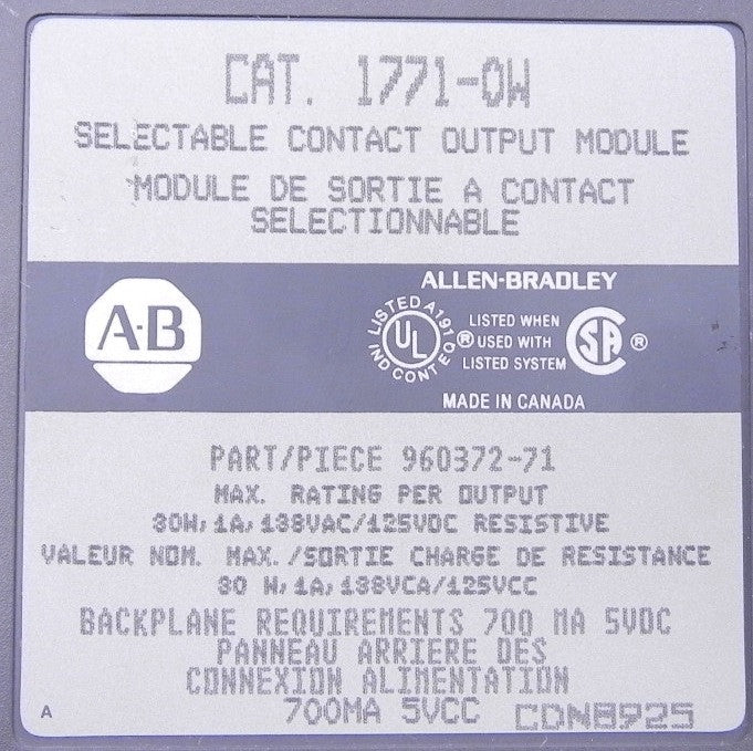 Allen-Bradley  Selectable Contact Output Module 1771-OW - Advance Operations