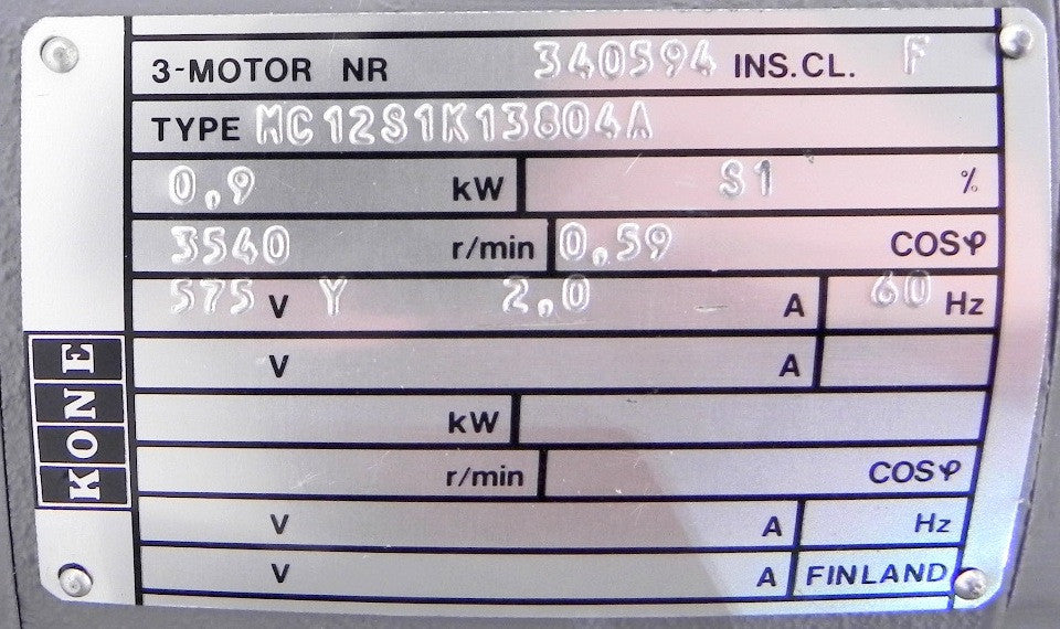 Kone Paper Slitter Motor NR 340594  MC12S1K13804A 575V 3450 rpm - Advance Operations
