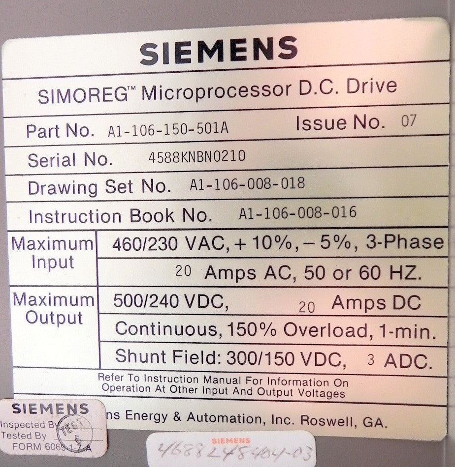 Siemens Microprocessor 20A Drive DC A1-106-150-501A 460/230 VAC Warranty 1 Year - Advance Operations