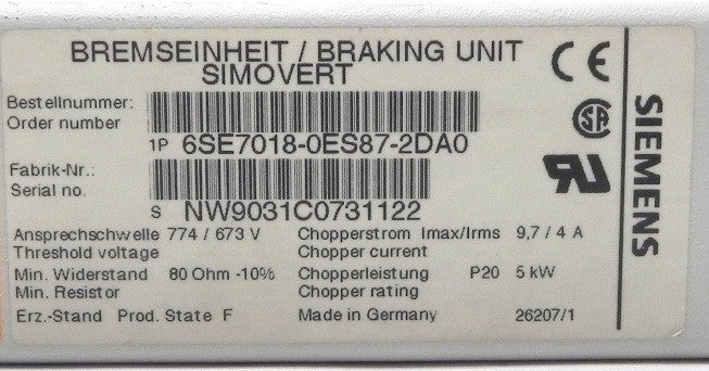 Siemens Simovert Breaking Unit 6SE7018-OES87-2DAO - Advance Operations