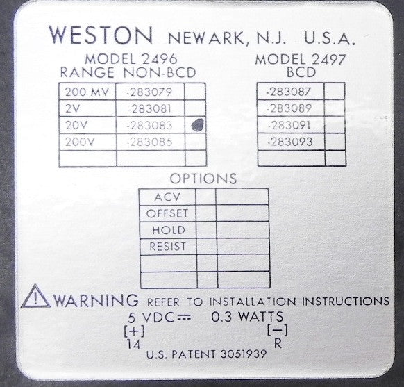 Weston Panel Meter 2496 NON-BCD 283083 - Advance Operations