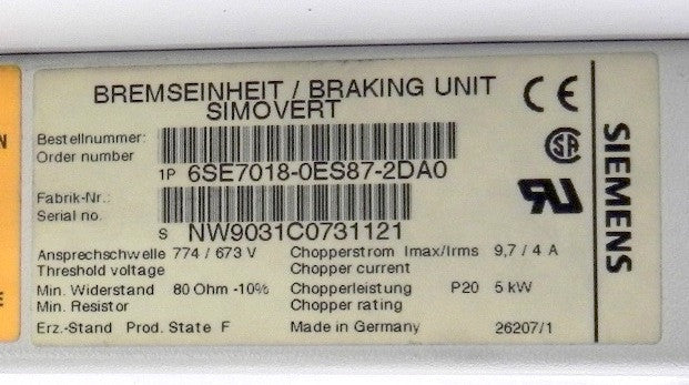 Siemens Braking Unit 6SE7018-0ES87-2DA0 - Advance Operations