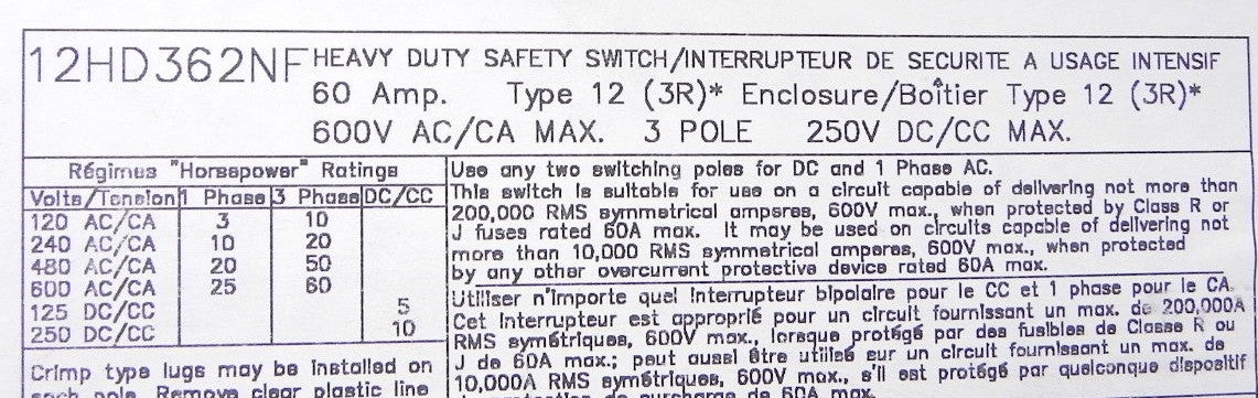 Cutler-Hammer Heavy Duty Safety Switch 60A 12HD362NF - Advance Operations