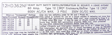 Cutler-Hammer Heavy Duty Safety Switch 60A 12HD362NF - Advance Operations