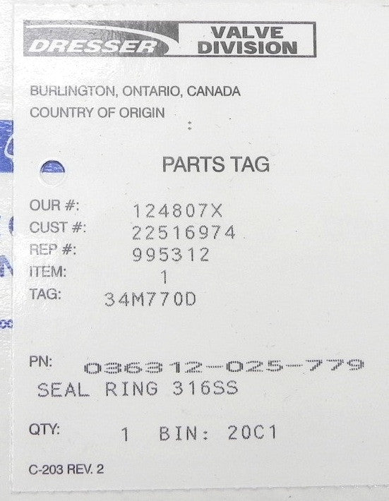 Dresser Valve Seal Ring 316 SS 036312-025-779 - Advance Operations