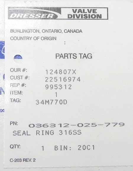 Dresser Valve Seal Ring 316 SS 036312-025-779 - Advance Operations