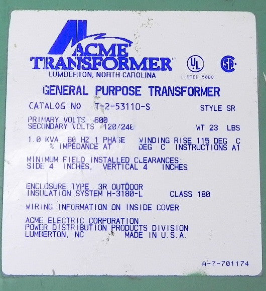 Acme Transformer Shielded T-2-53110-S 600V - Advance Operations
