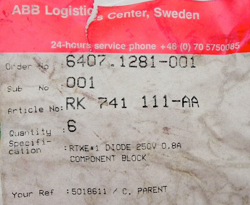 ABB RTXE*1 Diode 250V 0.8A RK741111-AA (17) - Advance Operations