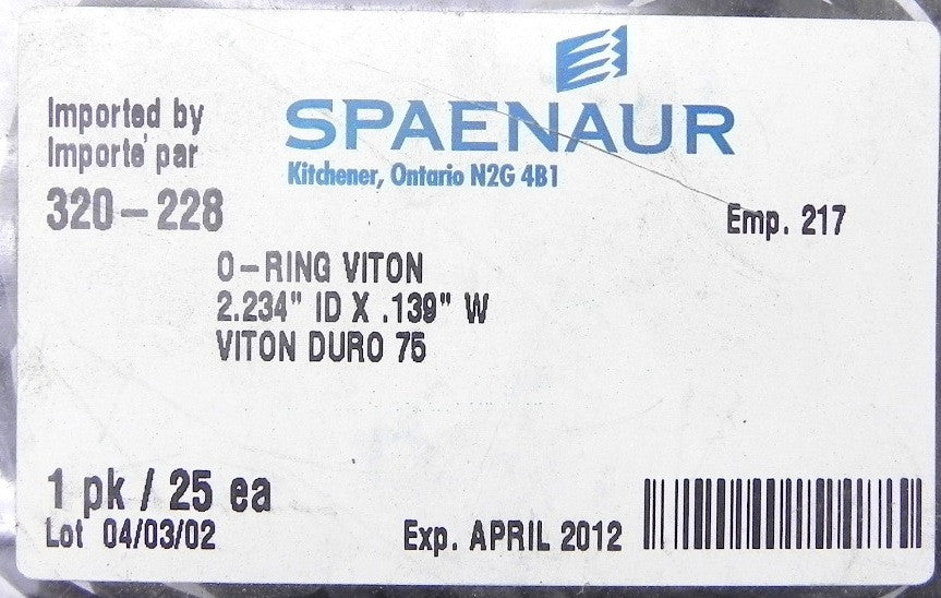 Spaenaur O Ring Viton 75 Duro Black 320-228  (25 Pcs) - Advance Operations