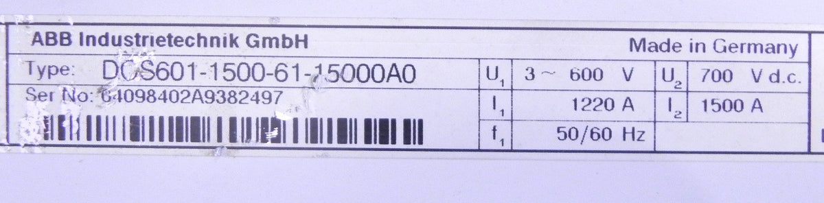 ABB DCS600 1220A 600Vac DC Drive Thyristor Power Converter DCS601-1500-61-15000A0 - Advance Operations