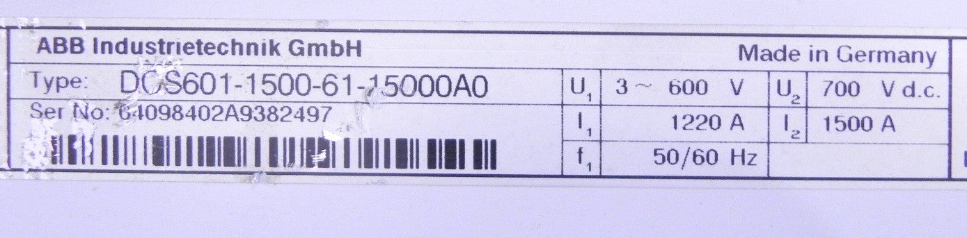 ABB DCS600 1220A 600Vac DC Drive Thyristor Power Converter DCS601-1500-61-15000A0 - Advance Operations