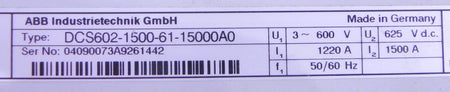 ABB DCS600 1500A 600Vac DC Drive Thyristor Power Converter DCS602-1500-61-15000A0 - Advance Operations
