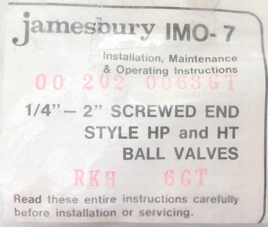 Jamesbury Ball Valve Seal Kit IMO-7 RKH 6GT New - Advance Operations