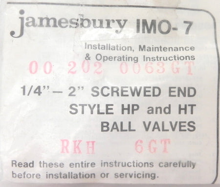Jamesbury Ball Valve Seal Kit IMO-7 RKH 6GT New - Advance Operations