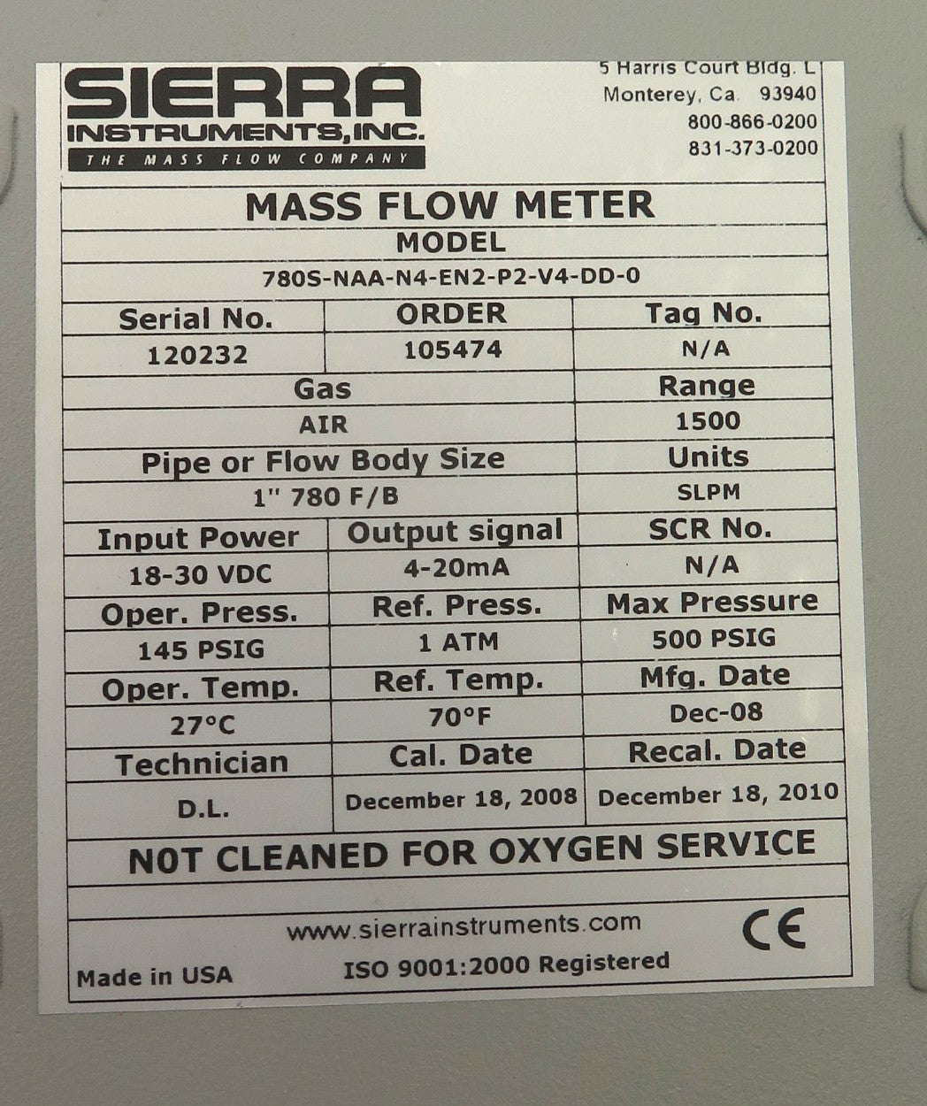 Sierra Instruments Inc Mass Flow Meter  1" 7805-NAA-N4 - Advance Operations