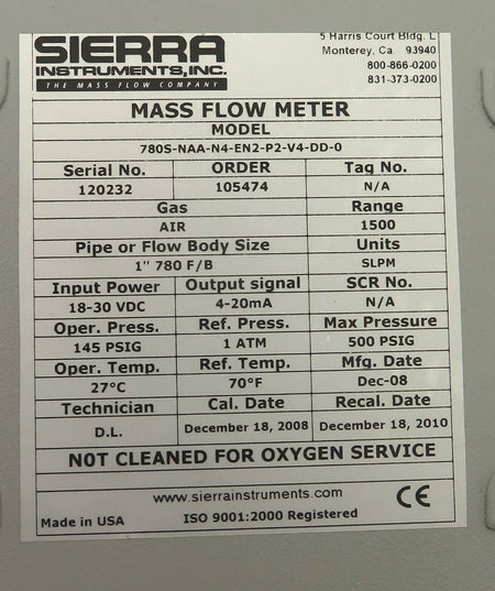 Sierra Instruments Inc Mass Flow Meter  1" 7805-NAA-N4 - Advance Operations