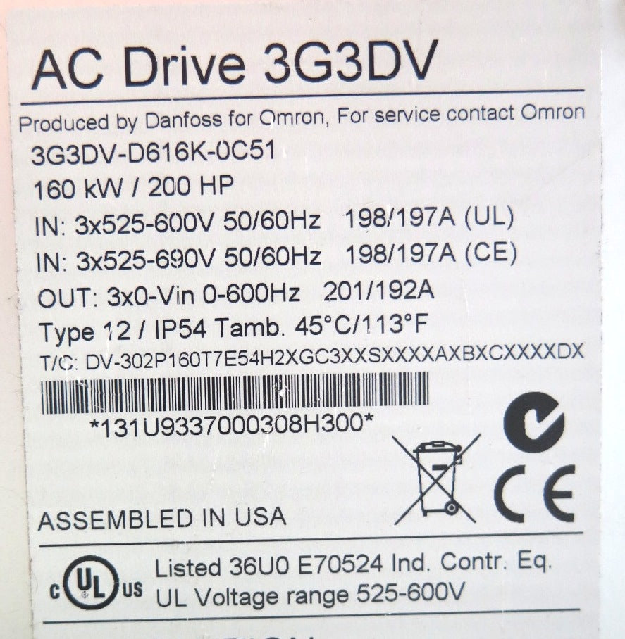 Omron Danfoss AC Drive 200 HP 3G3DV-D616K-0C51 525-690V 1 Year Warranty - Advance Operations