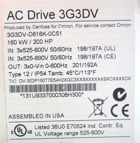 Omron Danfoss AC Drive 200 HP 3G3DV-D616K-0C51 525-690V 1 Year Warranty - Advance Operations