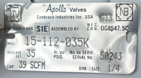 Apollo Pressure Relief Valve 15-112-035K 1/4" Npt - Advance Operations
