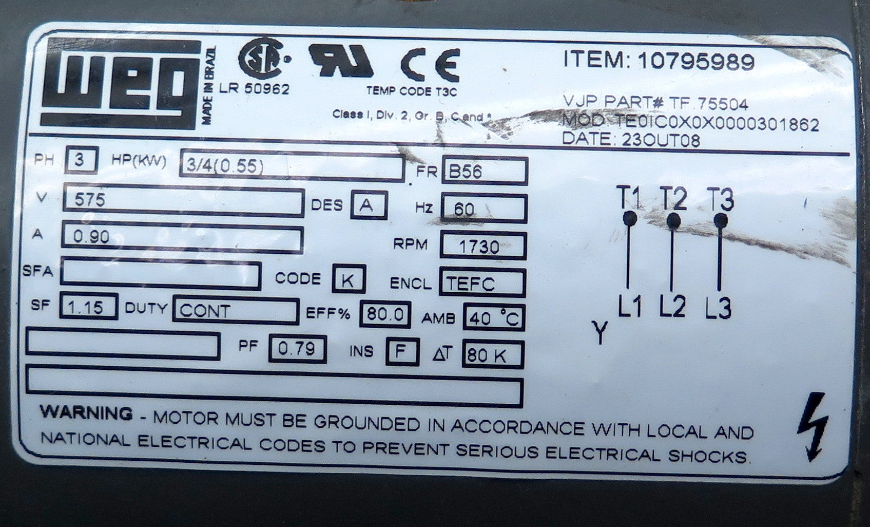 WEG Electric Motor 10795989 3/4 HP 575V 1730 RPM - Advance Operations