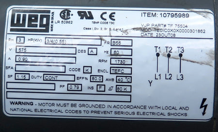 WEG Electric Motor 10795989 3/4 HP 575V 1730 RPM - Advance Operations