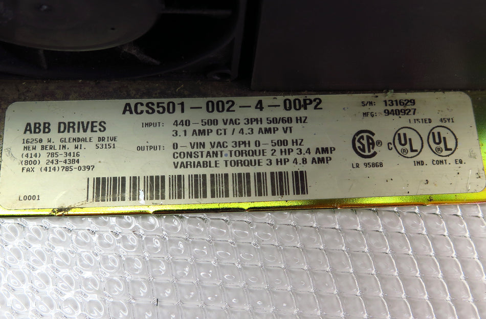 ABB ACS500 AC Drive ACS501-002-4-00P2 2 HP 3 PH 1 Year Warranty Free shipping - Advance Operations
