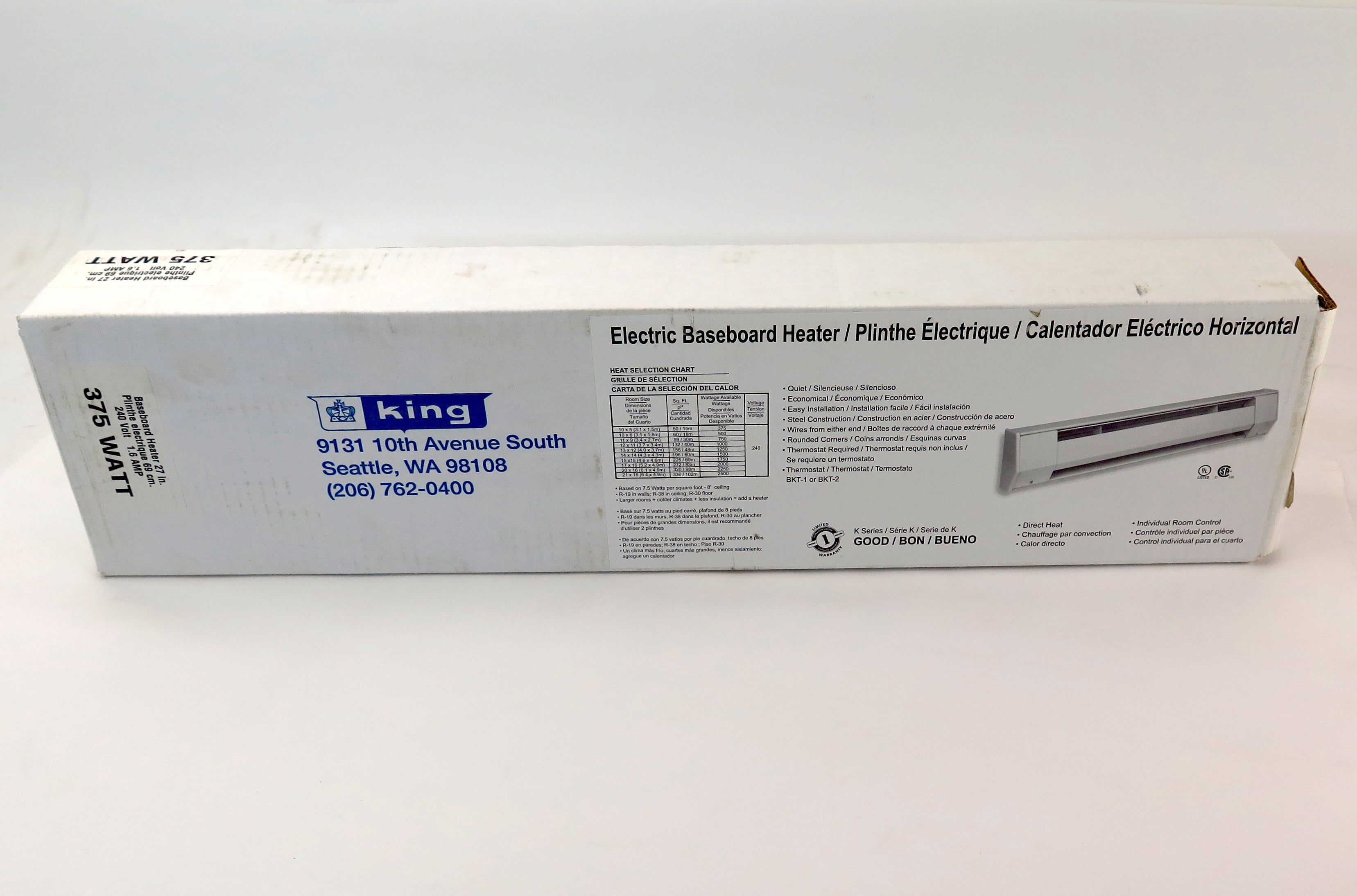 King Electrical Baseboard Heater 2K2403BW 375W 240 VAC - Advance Operations