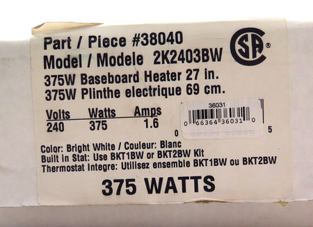 King Electrical Baseboard Heater 2K2403BW 375W 240 VAC - Advance Operations