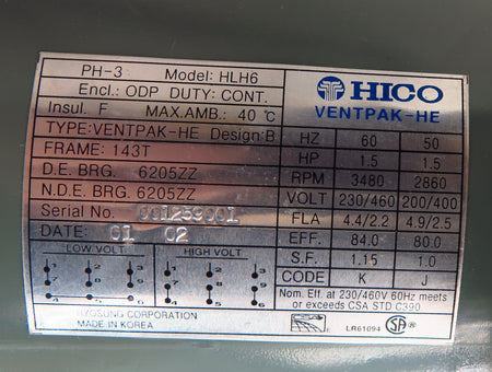 Hico Ventpak-HE Electric Motor HLH6 1.5 HP 3PH 230/460V - Advance Operations