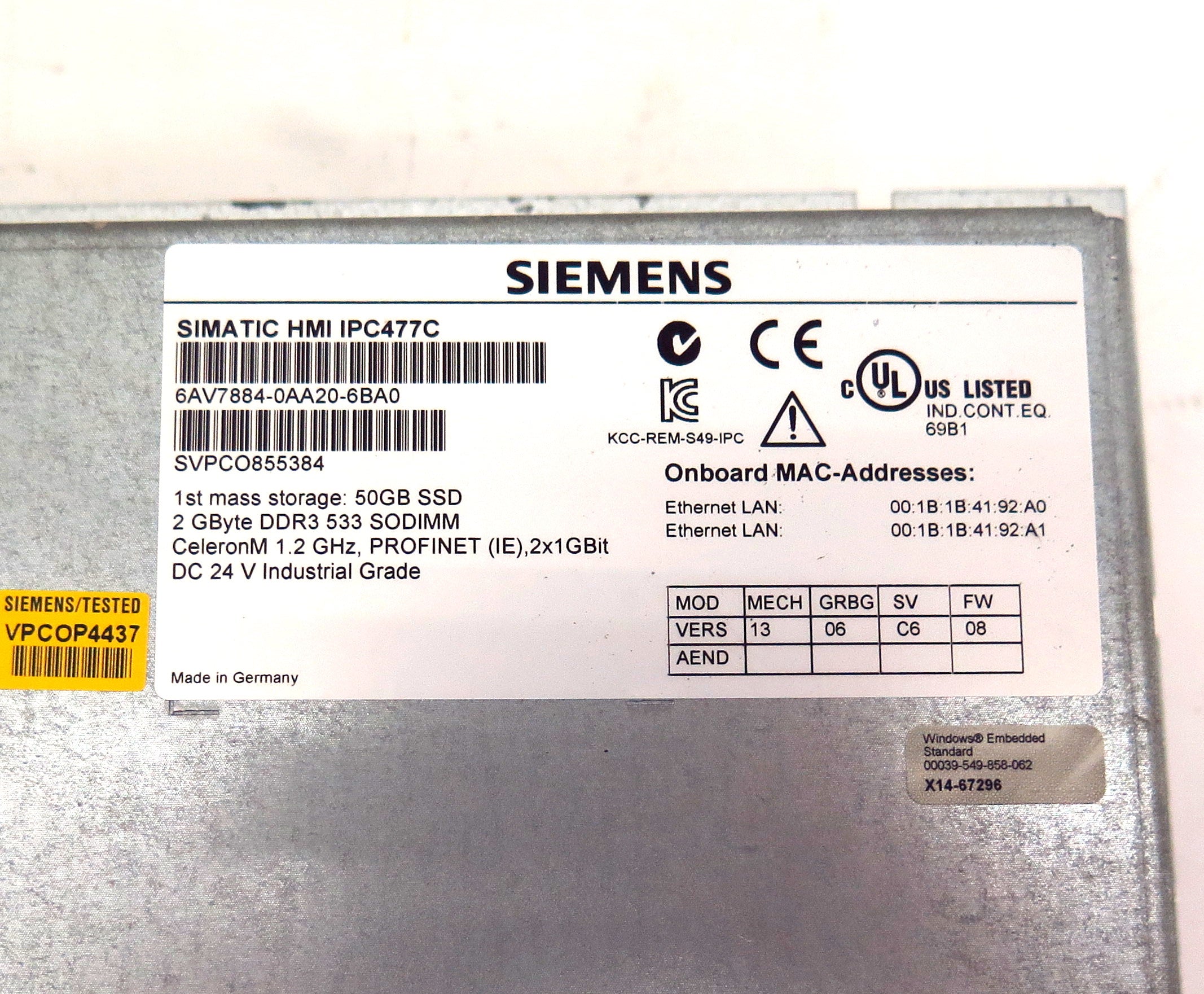 Siemens Simatic Touch Screen Back Panel For HMI IPC477C 6AV7884-0AA20-6BA0 - Advance Operations