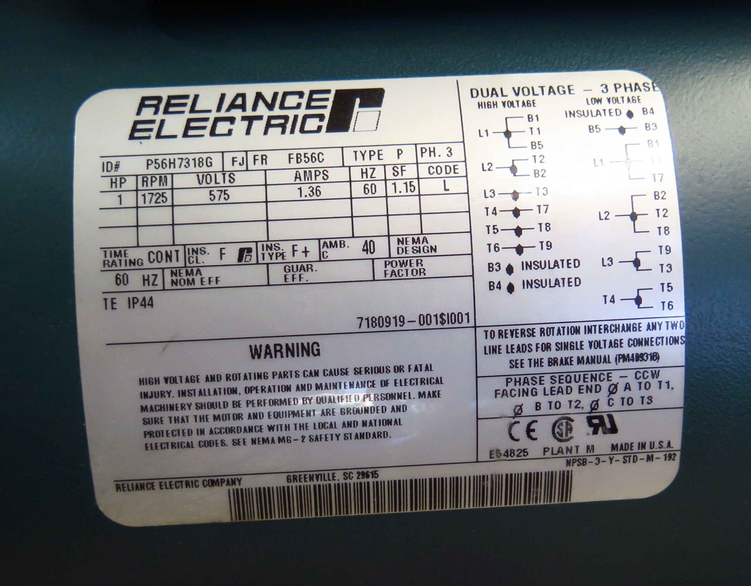 Reliance Electric Motor P56H7318G 1HP 575V 3PH 1725 Rpm Frame FB56C - Advance Operations