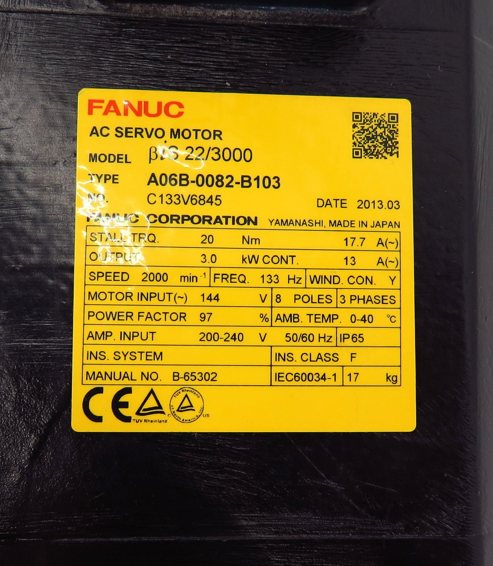 Fanuc Corporation Servo Motor A06B-0082-B103 3.0 kW Speed 2000 Min - Advance Operations