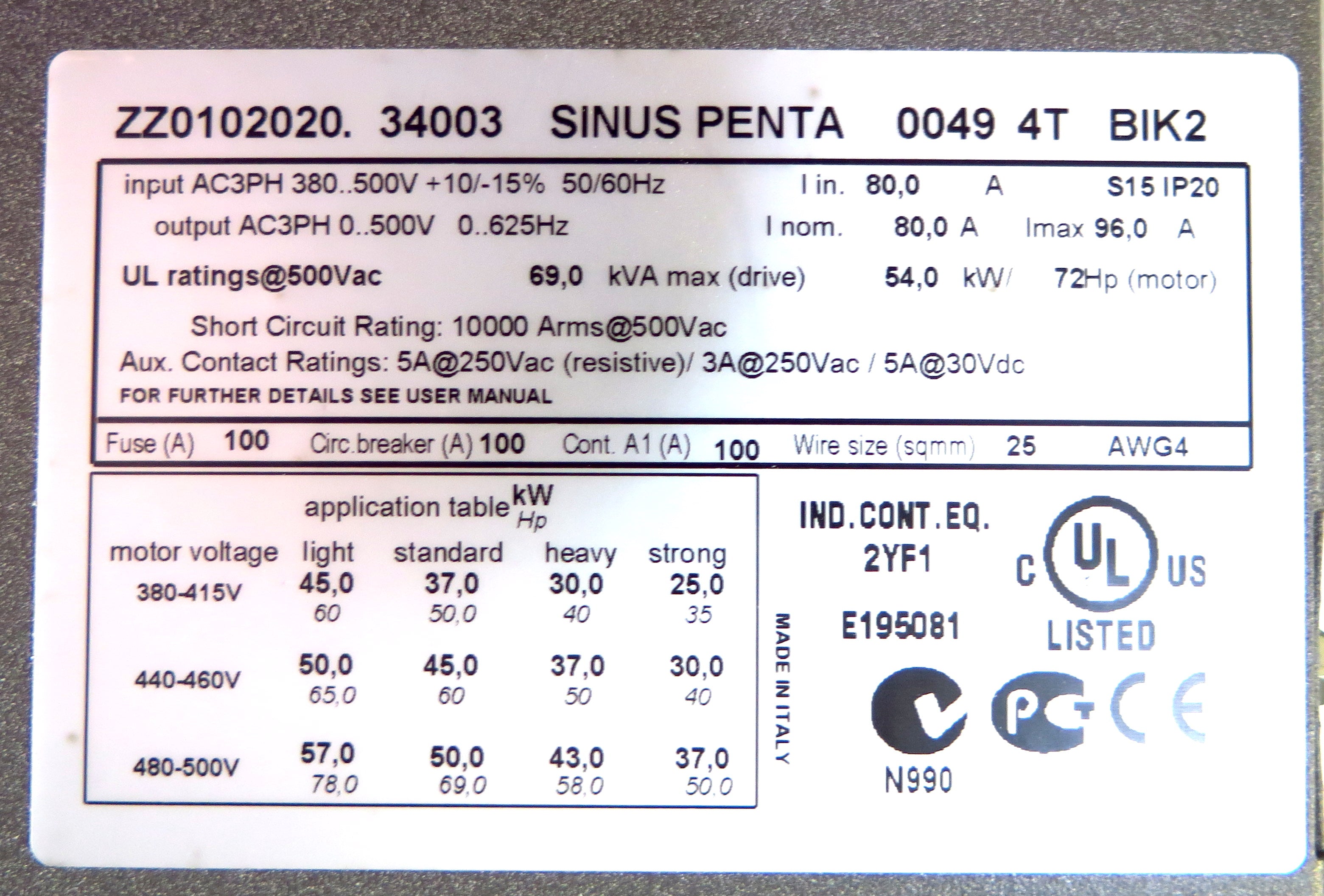 Santerno Sinus Penta AC Motor Drive ZZ0102020 34003 54kW 72HP MINT Con