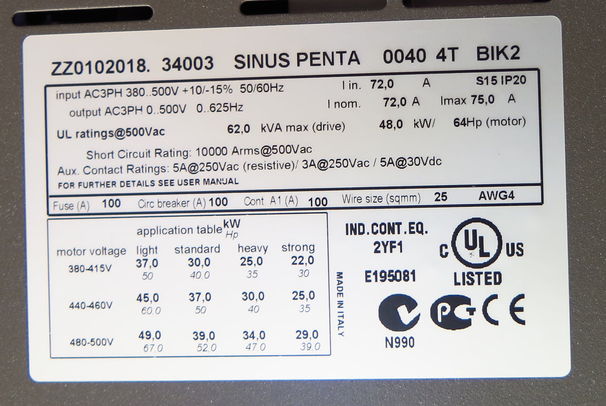 Santerno Sinus Penta Motor AC Drive ZZ0102018 34003 48kW 64HP 380-500Vac MINT Condition - Advance Operations