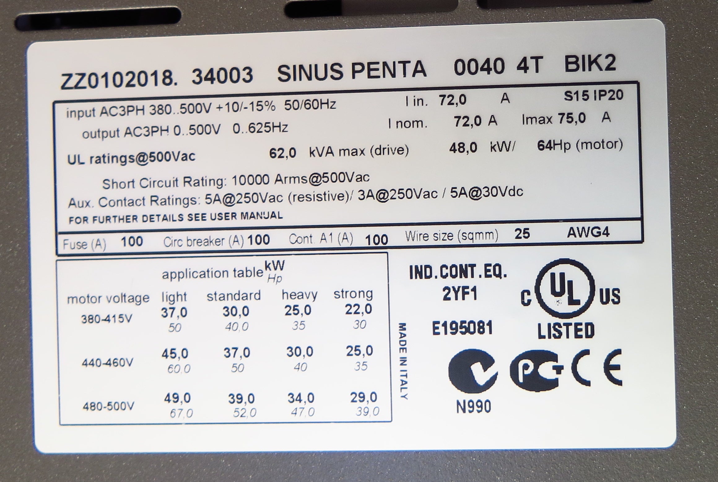 Santerno Sinus Penta Motor AC Drive ZZ0102018 34003 48kW 64HP 380-500Vac MINT Condition - Advance Operations