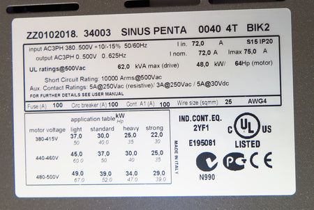 Santerno Sinus Penta Motor AC Drive ZZ0102018 34003 48kW 64HP 380-500Vac MINT Condition - Advance Operations