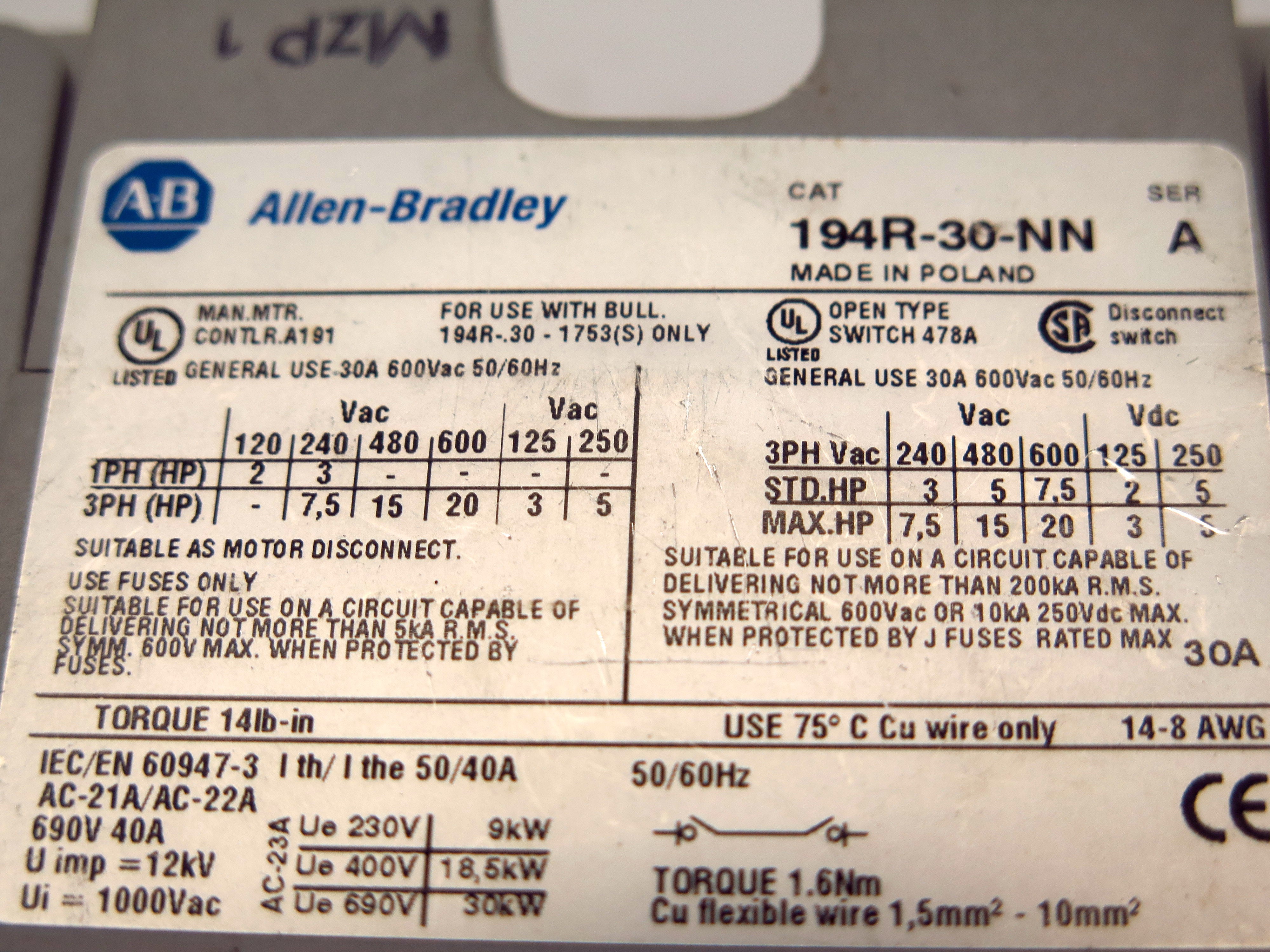 Allen-Bradley 194R-30-NN Series A Disconnect Switch - Advance Operations