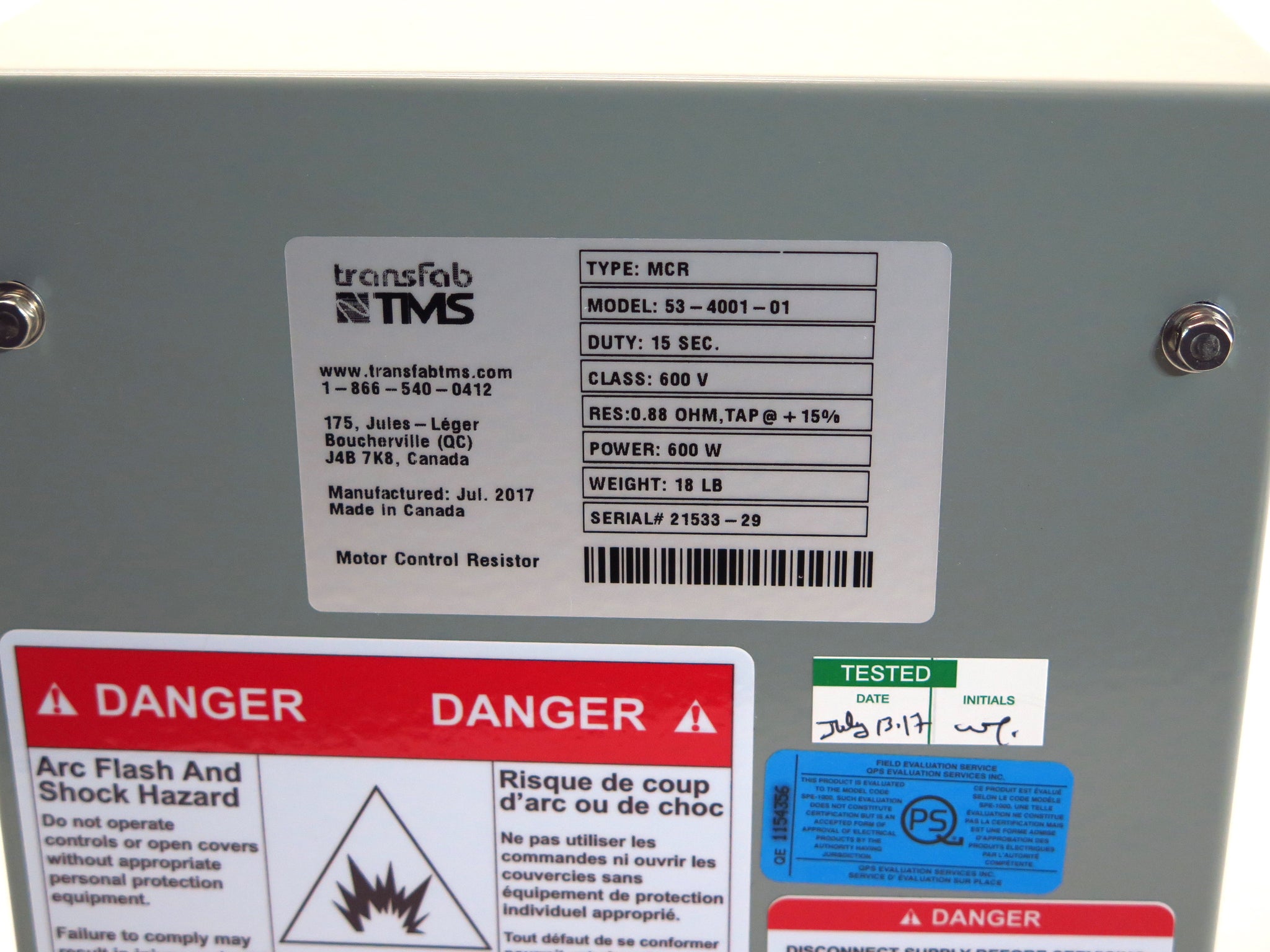 Transfab TMS Motor Control Resistor Break Module 0.88 Ohm 600V 600W ...