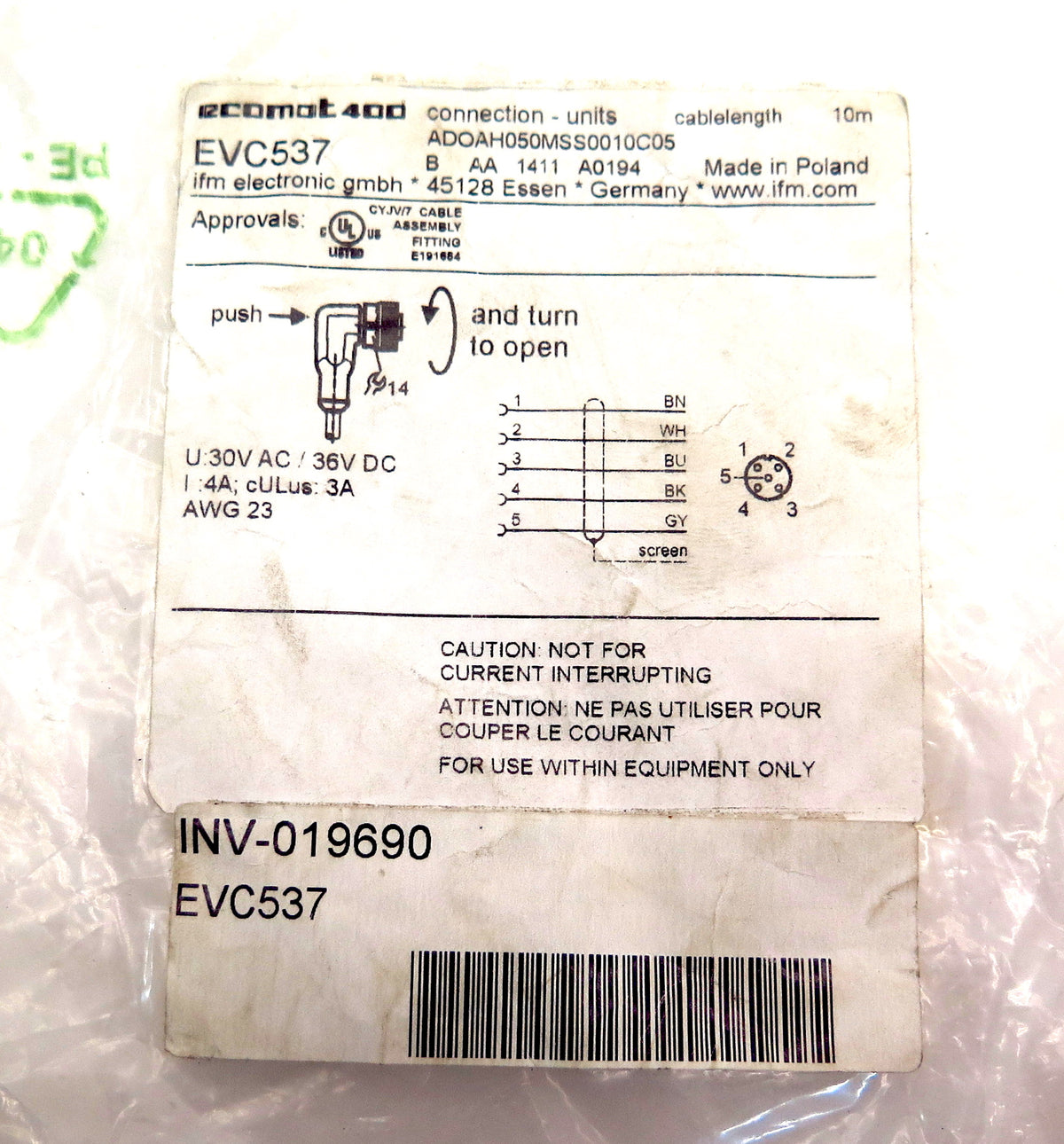IFM Efector Cordset Female Right Angle EVC537 - Advance Operations