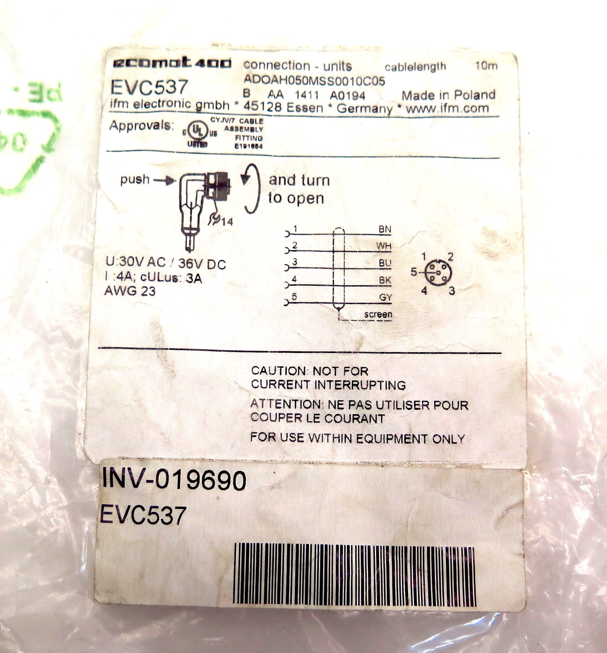 IFM Efector Cordset Female Right Angle EVC537 - Advance Operations