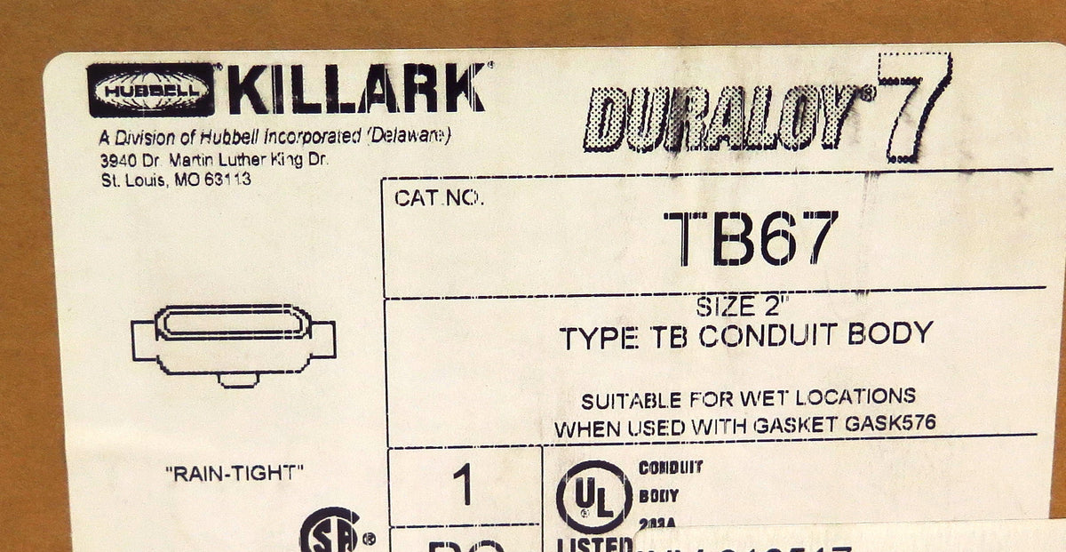 Killark Hubbell Electrical Iron Conduit Body TB67 Type TB 2" - Advance Operations