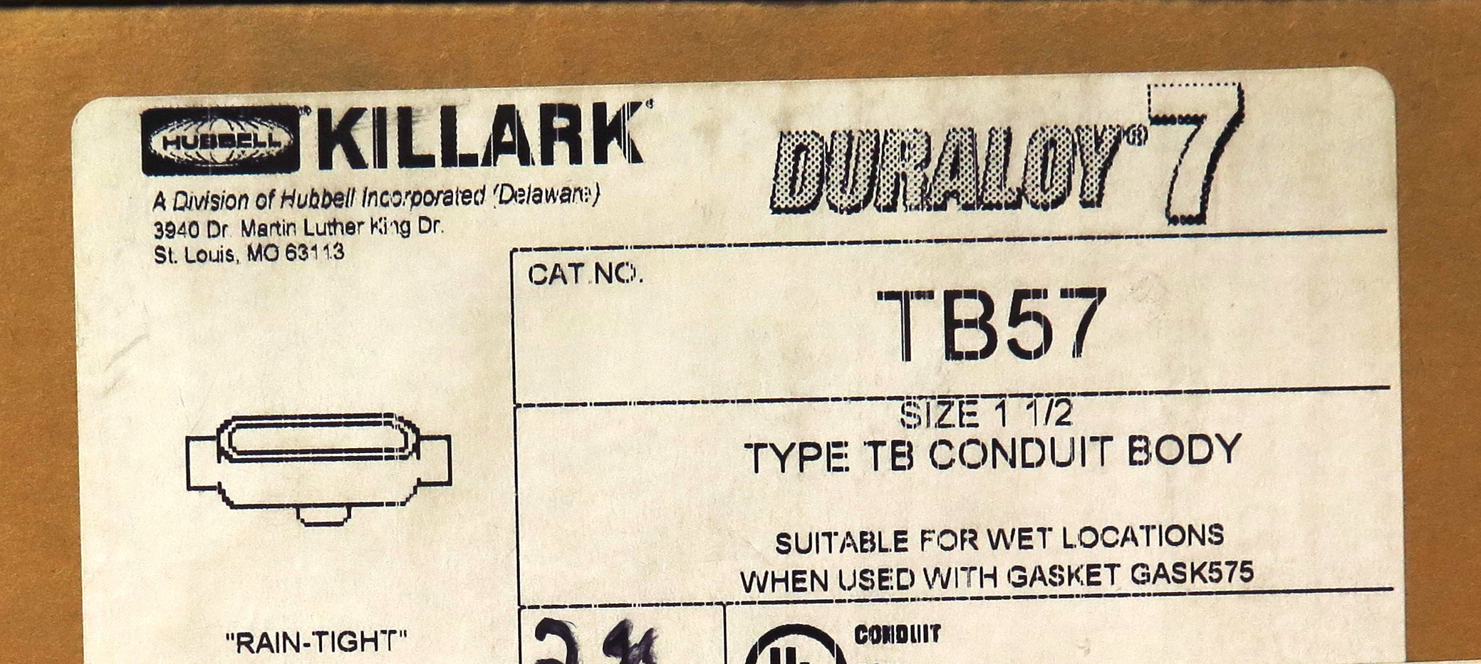 Killark Hubbell Iron Conduit Body TB57 Type TB 1-1/2" Gasket & Steel Cover - Advance Operations