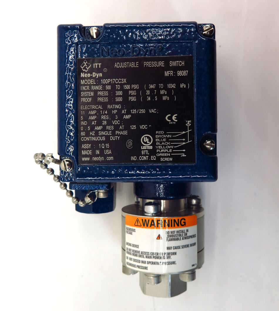 ITT NEO-DYN 98087 Adjustable Pressure Switch 100P17CC3X Incr. 500...1500 Psi - Advance Operations