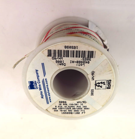 Alpha Wire 3055 18AWG 300V White/Red 100Ft Spool - Advance Operations