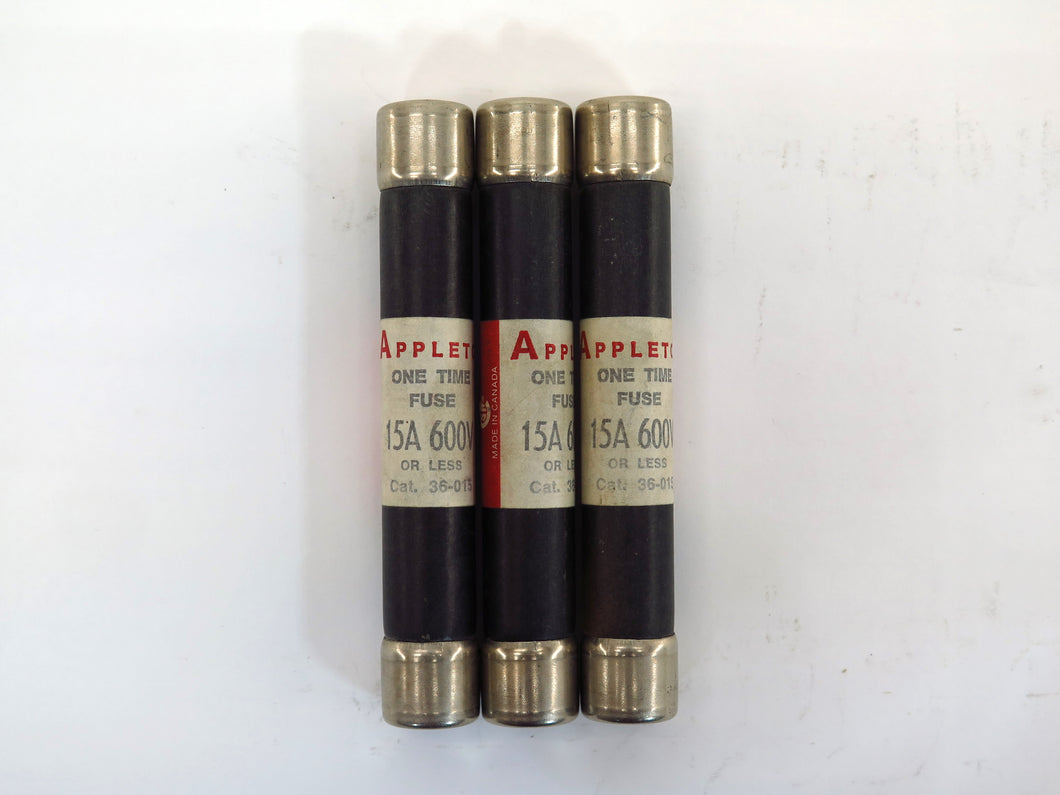 Lot of 3 Appleton 36-015 One Time Fuse 15A 600V (3) - Advance Operations