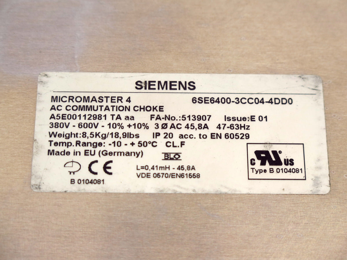 Siemens Micromaster 4 AC Commutation Choke 6SE6400-3CC04-4DD0 380V-600V - Advance Operations