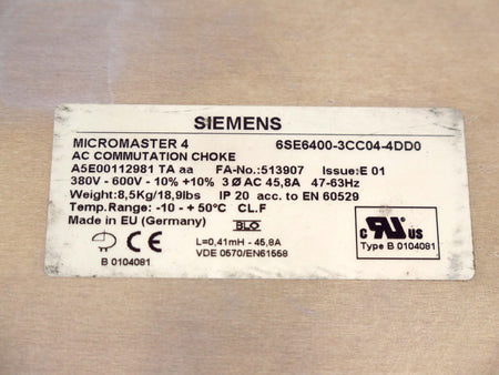 Siemens Micromaster 4 AC Commutation Choke 6SE6400-3CC04-4DD0 380V-600V - Advance Operations